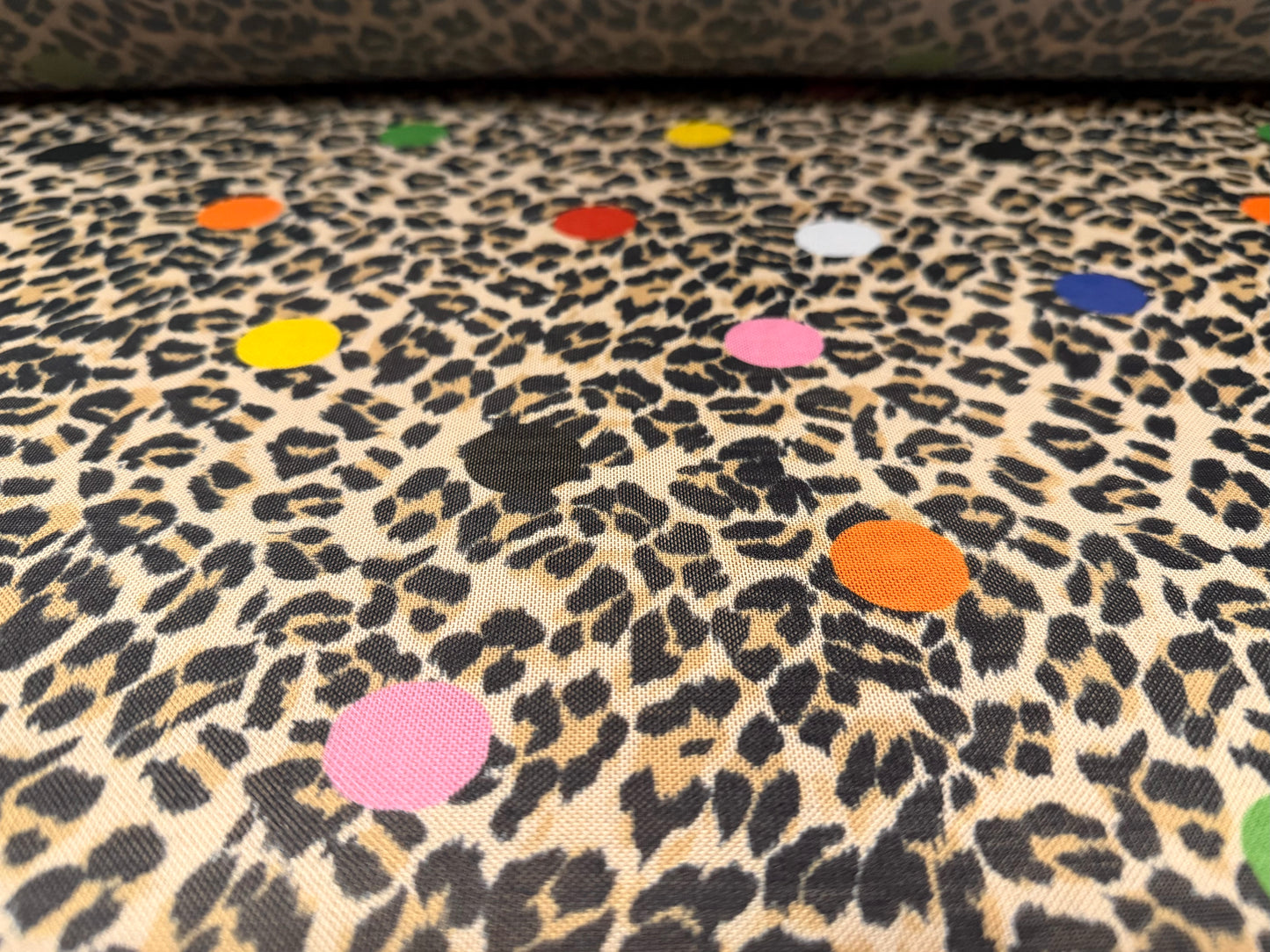 Power mesh net stretch spandex fabric, per metre - polka dot leopard print - multicolour
