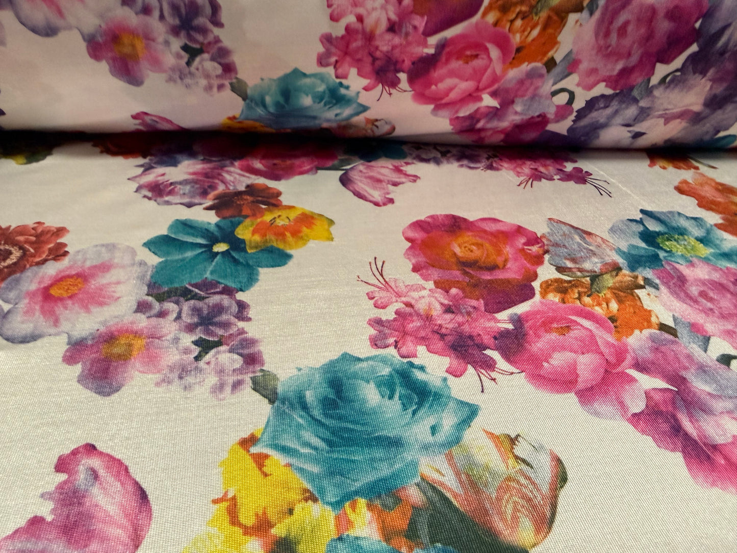 Stretch spandex single jersey fabric, per metre - garden blooms print - multicolour