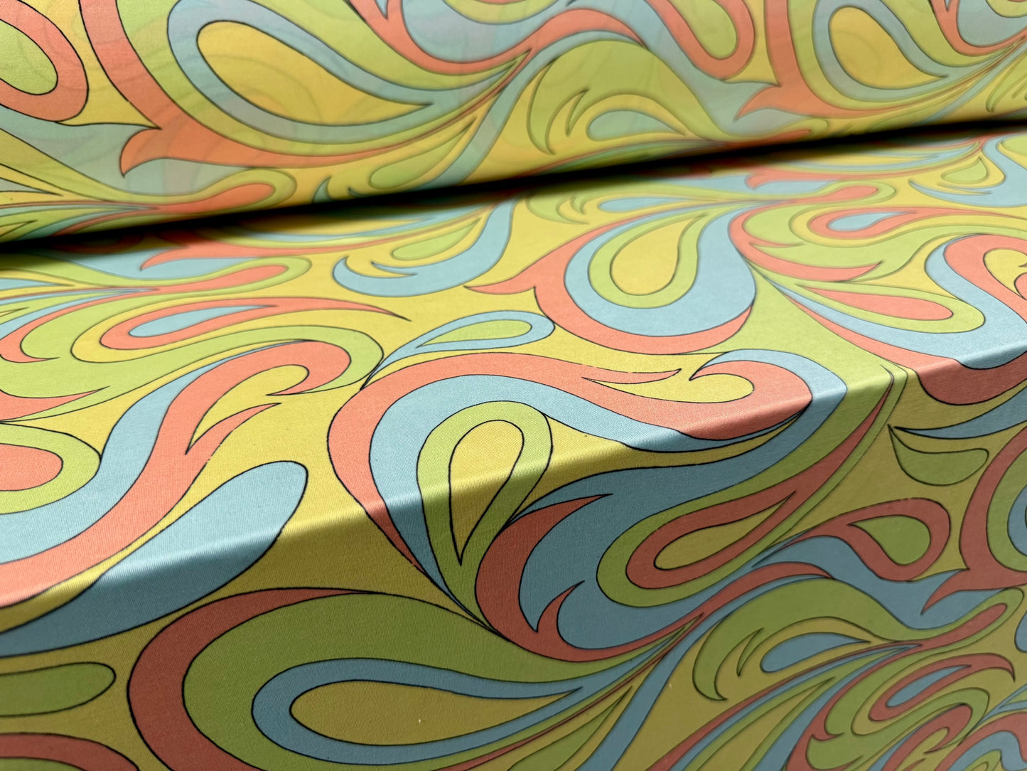 Soft touch stretch spandex single jersey fabric, per metre - Boho swirl print - lime