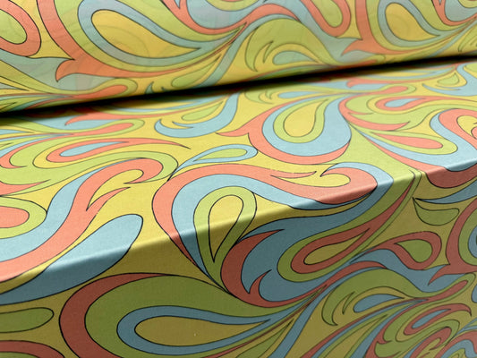 Soft touch stretch spandex single jersey fabric, per metre - Boho swirl print - lime