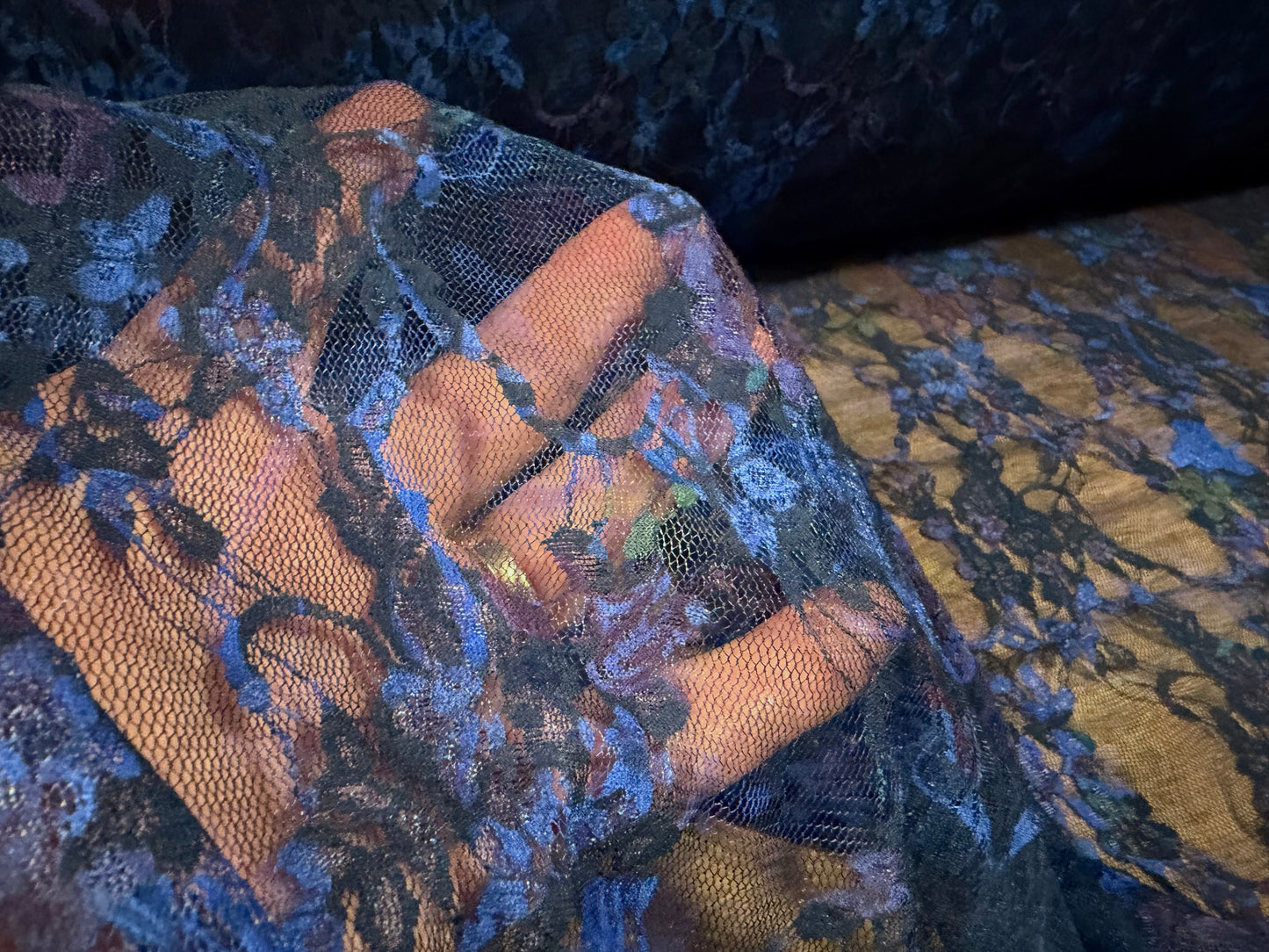 Stretch spandex mesh lace fabric, per metre - floral print - navy, Royal blue & plum