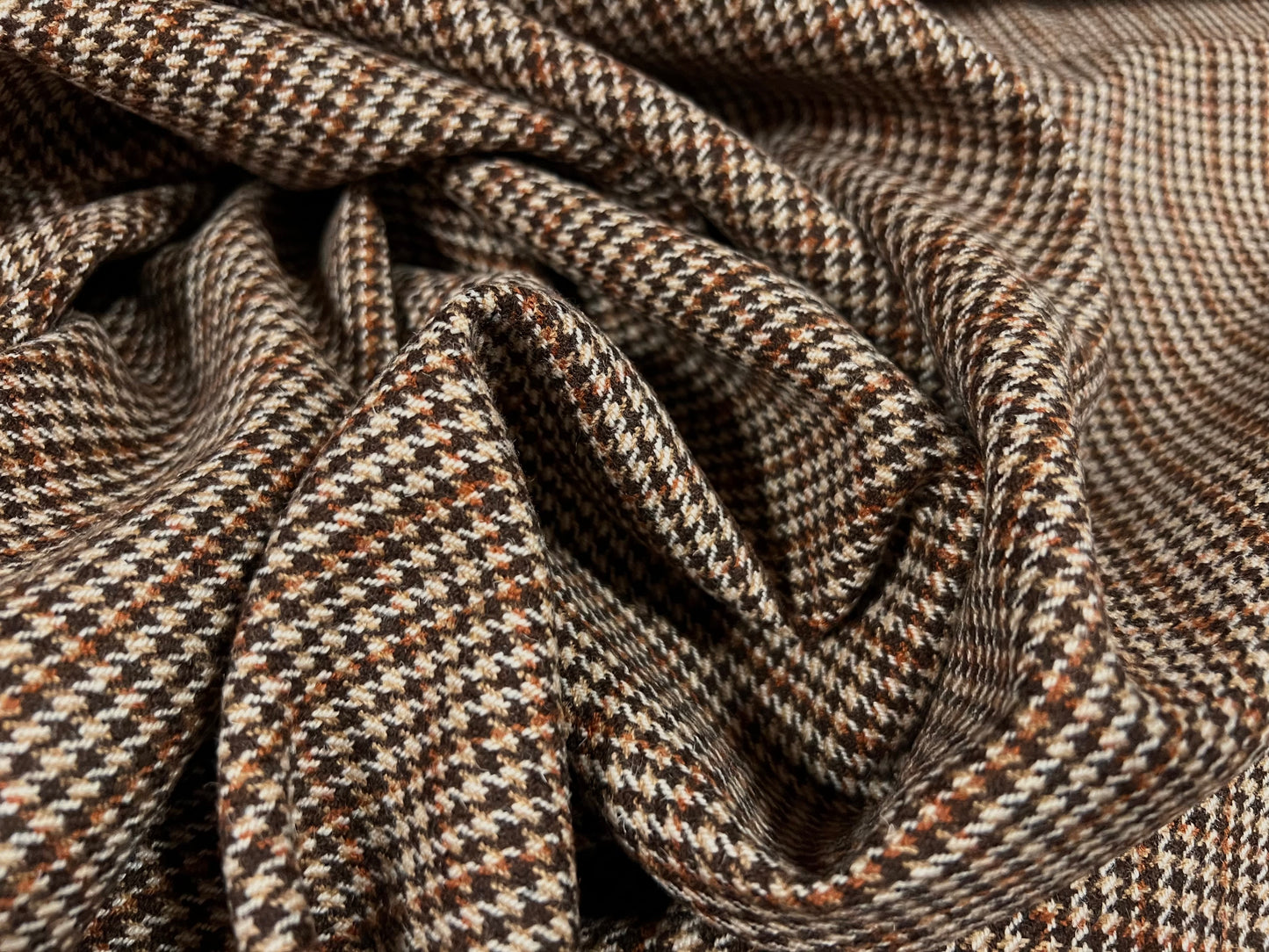 Wool mouflon coat jacket fabric, per metre - country check plaid - brown & stone