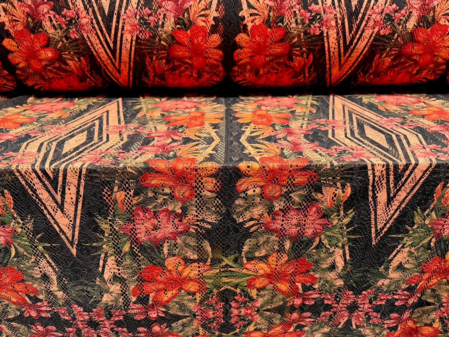 Soft handle crochet lace knit fabric, per metre - diamond floral print - pink & black