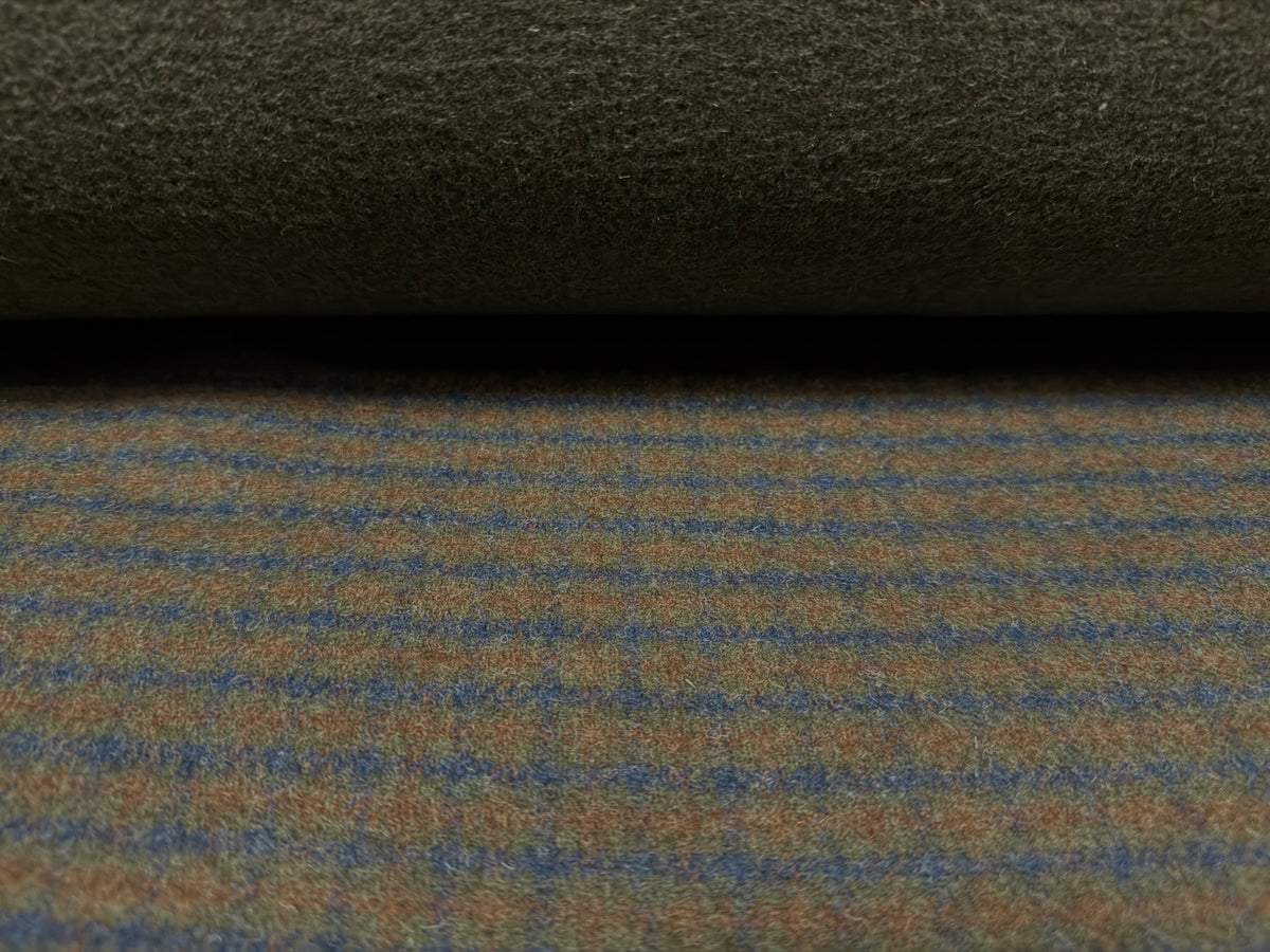 Bonded wool flannel fabric, per metre - dual face plain and check - olive green & brown