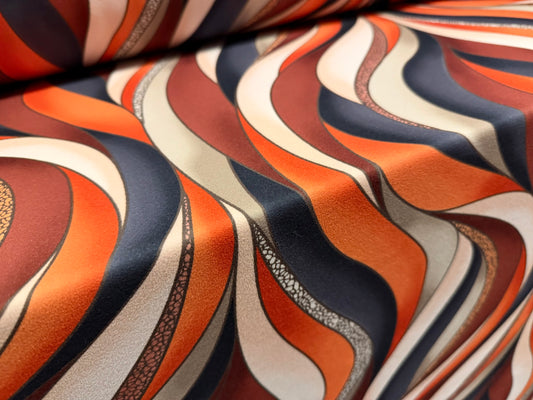 Scuba stretch spandex double jersey dress fabric, per metre - wavy swirl print - cream orange & rust