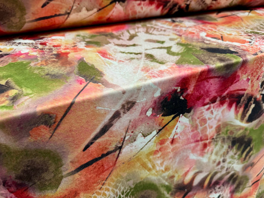 Stretch spandex interlock jersey fabric, per metre - feathers and animal print - green & pink