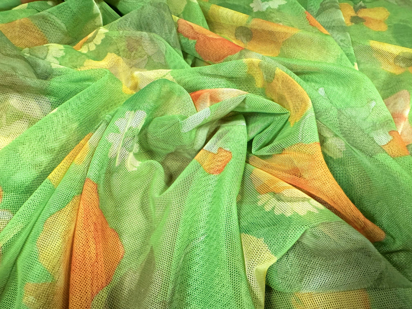 Power mesh net stretch spandex fabric, per metre - roses print - green & orange