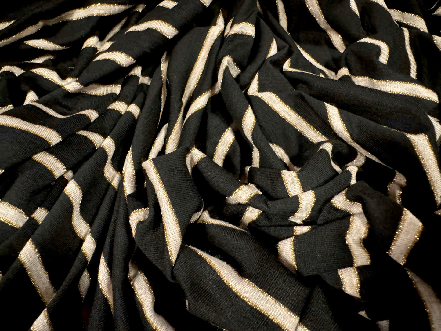 Metallic viscose spandex stretch single jersey fabric, per metre - lurex stripe - black cream & gold