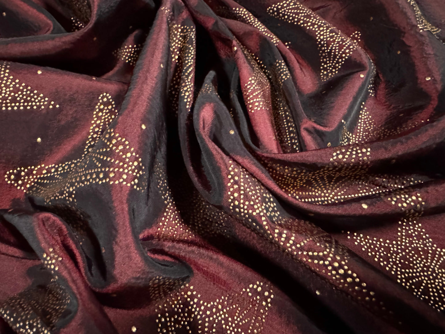 Taffeta faux silk fabric - metallic stars print - burgundy & gold