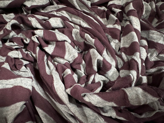 Soft handle stretch jersey fabric, per metre - New Age jacquard stripe - aubergine & grey marl