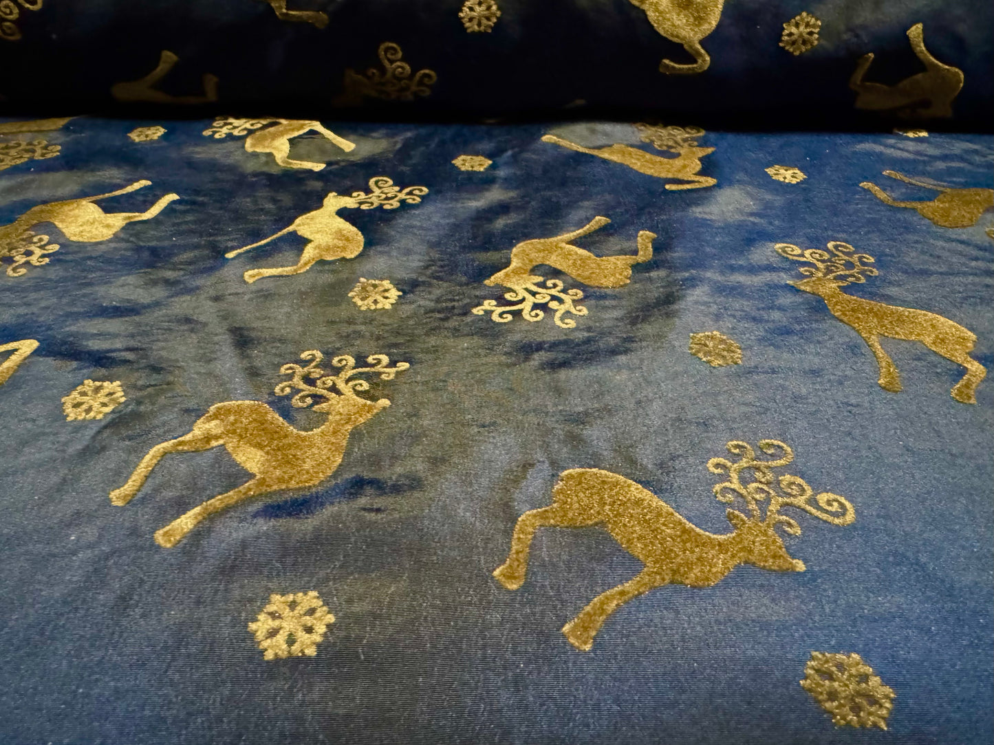 Taffeta faux silk fabric - flocked Highland Stag print - navy blue & brown