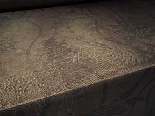 Power mesh net stretch spandex fabric, per metre - damask shadow print - dark taupe
