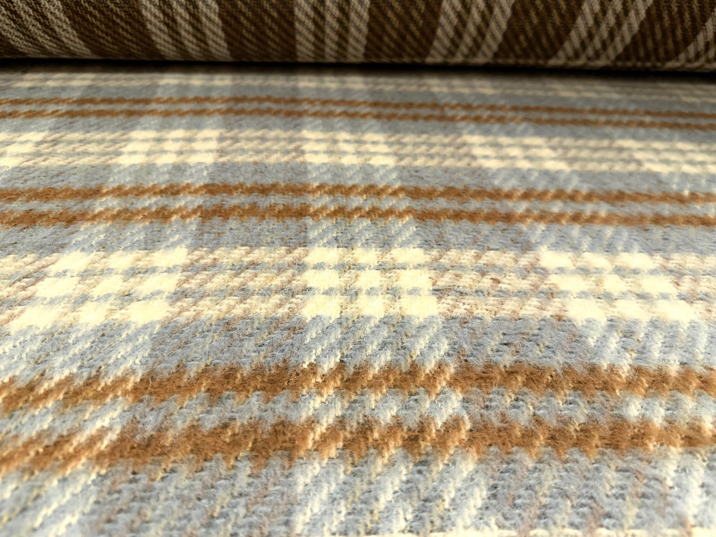 Brushed wool bouclé fabric, per metre - plaid - cream brown & grey