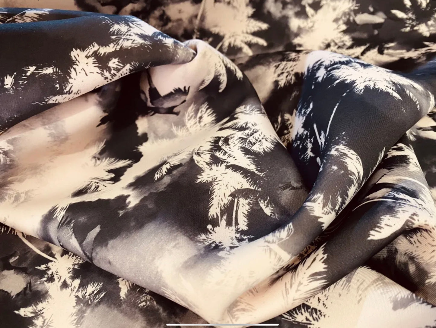 Sandwich Scuba Neoprene double jersey fabric, per metre - Hawaiian palm trees print - black & nude