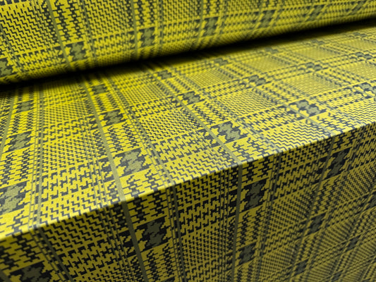 Soft touch stretch spandex single jersey fabric, per metre - houndstooth check print - lemon & blue-grey