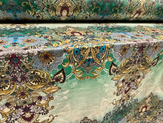 Stretch spandex interlock jersey fabric, per metre - paisley print - jade green