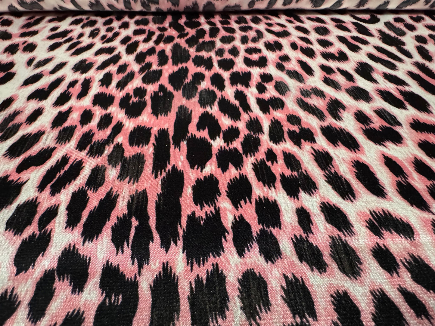 Metallic stretch satin dress fabric, per metre - Leopard print - pink