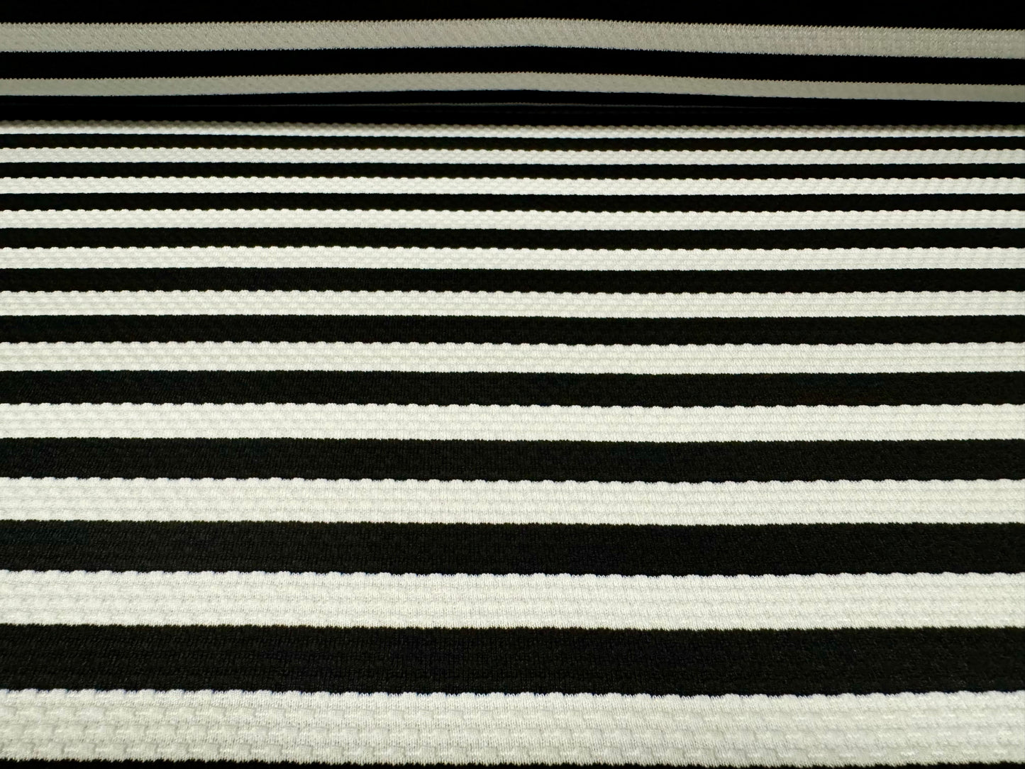 Textured double jersey stretch spandex fabric, per metre - 12 mm engineered stripe - black & white