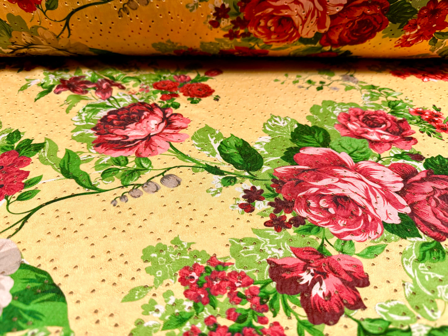 Broderie anglaise stretch spandex jersey fabric, per metre - rose flower print - gold & pink