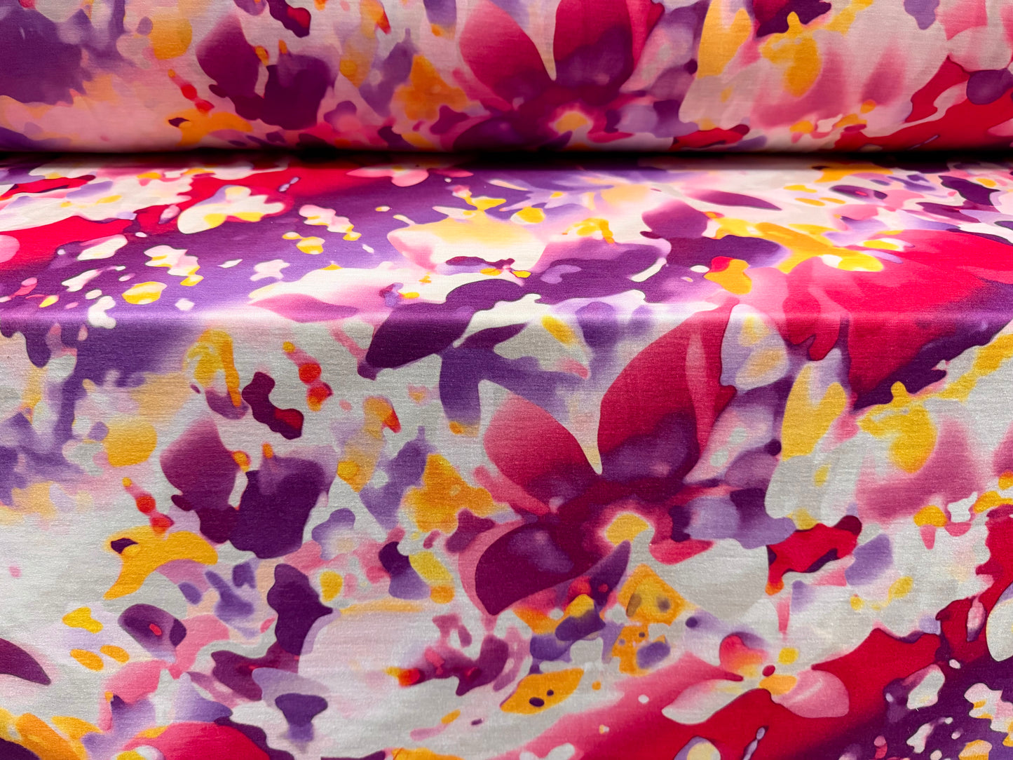 Soft handle single jersey fabric, per metre - inkwash petals print - purple & pink