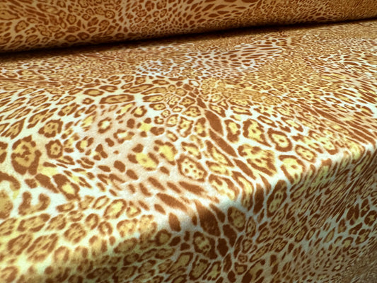 Scuba stretch spandex double jersey dress fabric, per metre - stylised leopard print - gold & cream