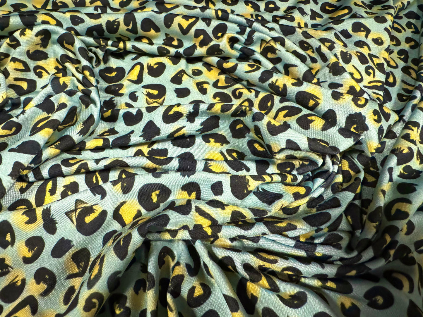 Soft touch stretch spandex single jersey fabric, per metre - leopard print - aqua & gold