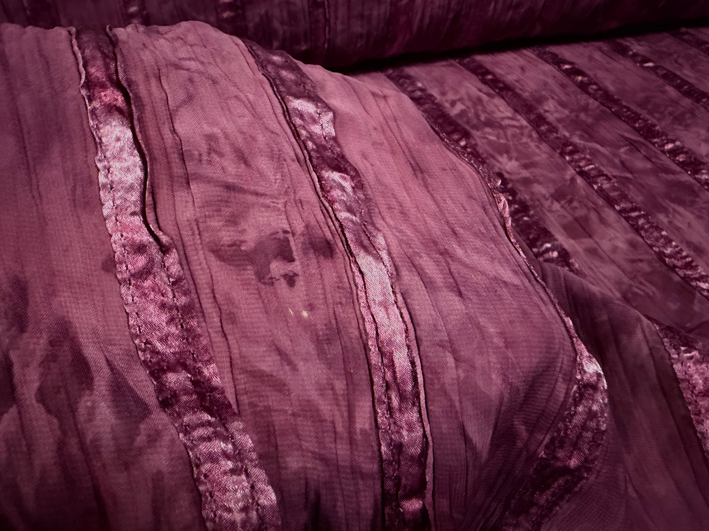 Crinkle chiffon woven dress fabric, per metre - satin stripe appliqué - magenta