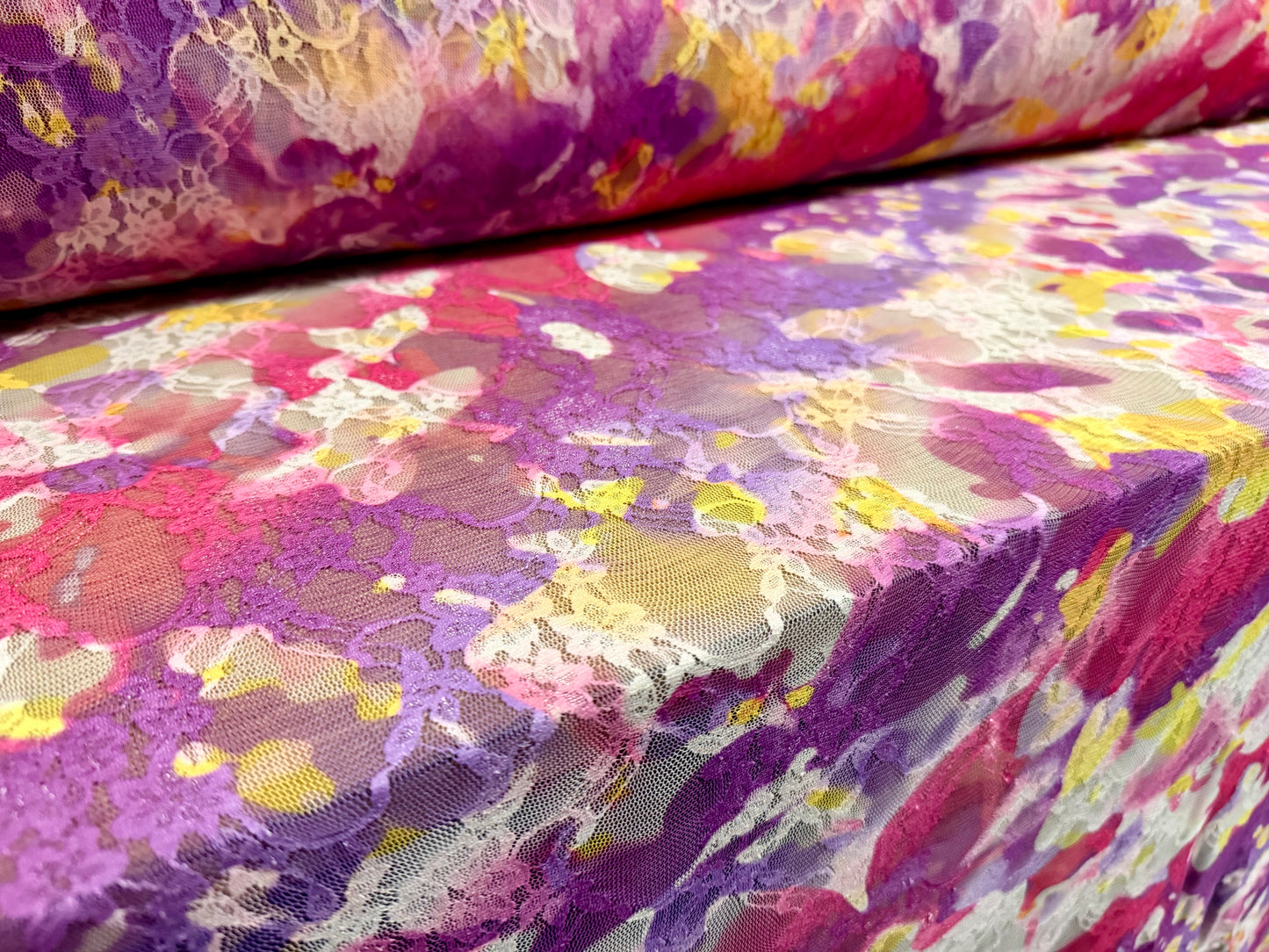 Stretch spandex mesh lace fabric, per metre - Inkwash floral print - pink & purple