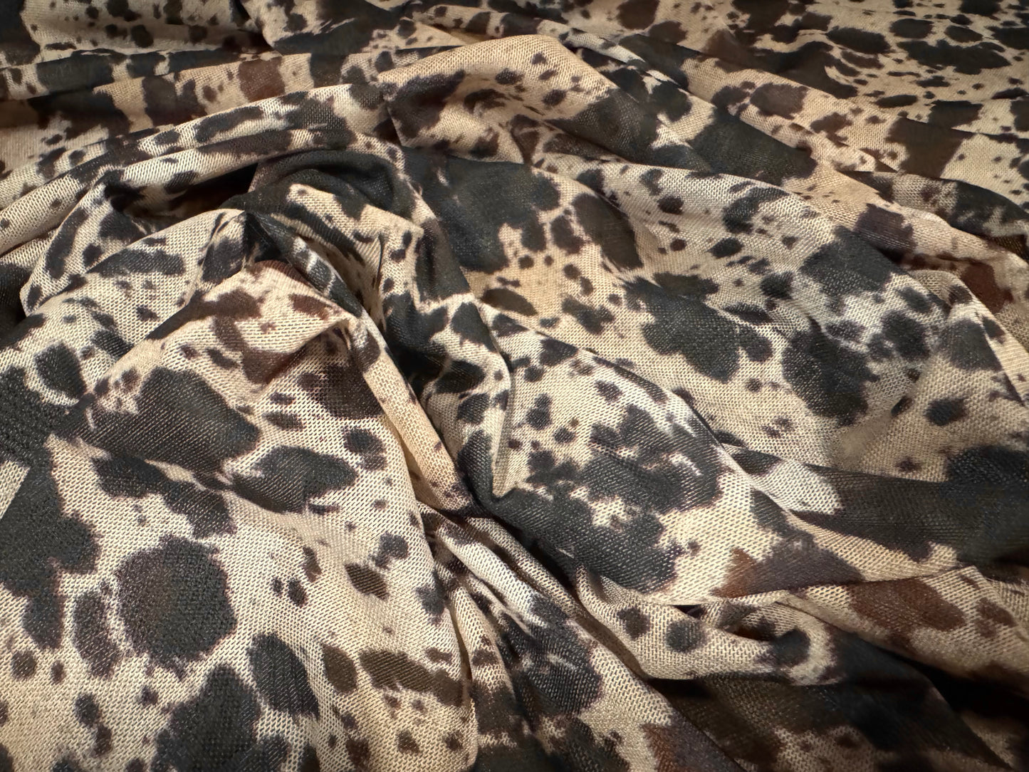 Power mesh net stretch spandex fabric, per metre - cow hide print - nude & dark brown