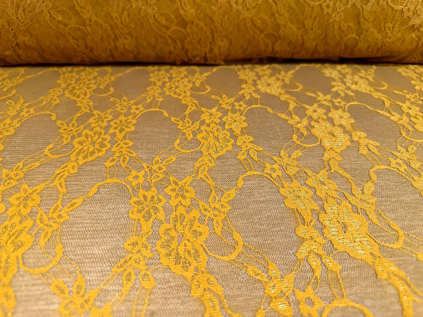 Stretch spandex mesh lace net fabric, per metre - floral pattern - mustard