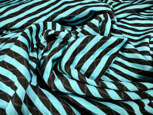 Double jersey stretch fashion fabric, per metre- mock quilted stripe - turquoise blue & black