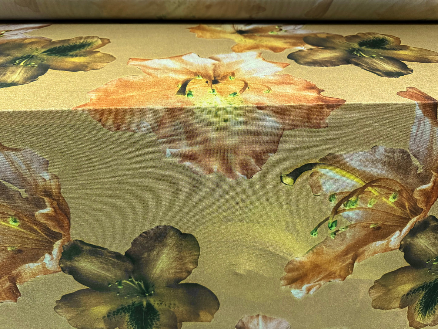 Power mesh net stretch spandex fabric, per metre - giant lily print - dirty mustard