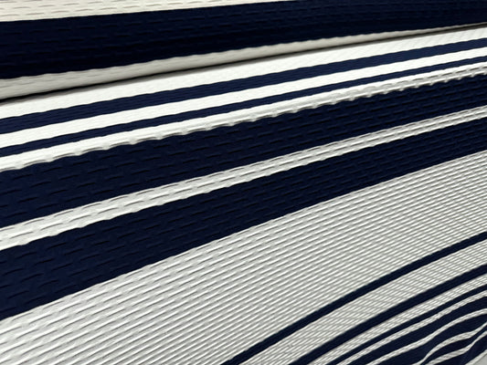 Stretch double jersey fashion fabric, per metre - stripe jacquard - navy blue & white