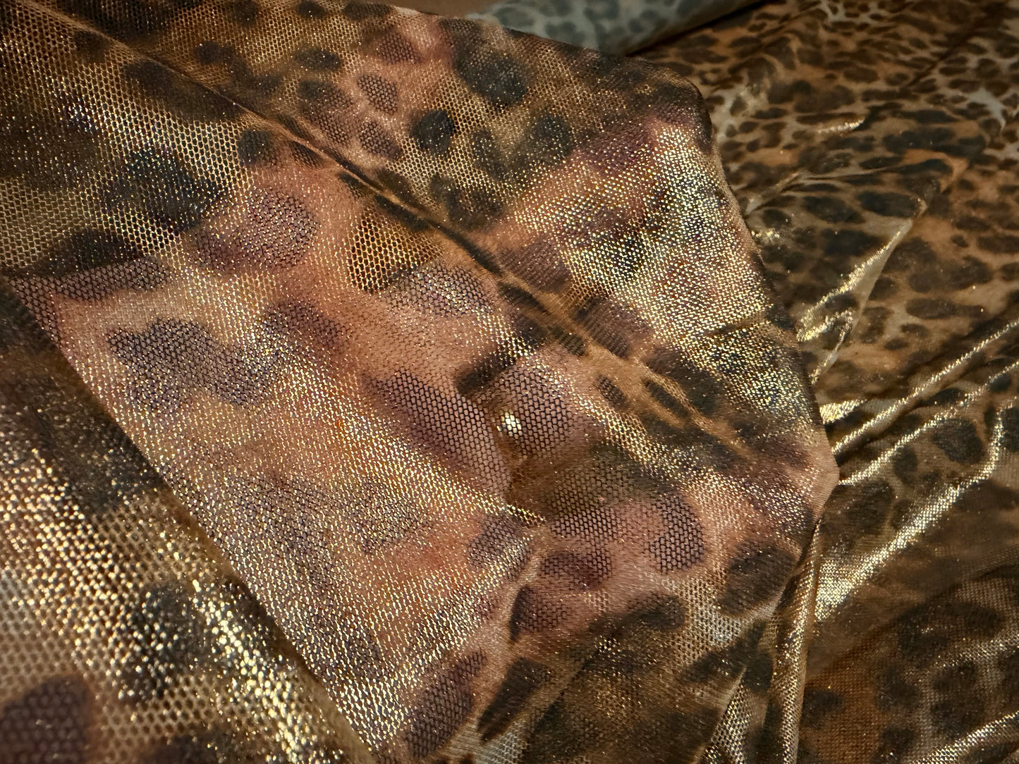 Metallic power mesh net stretch spandex fabric, per metre - leopard animal print - brown & gold