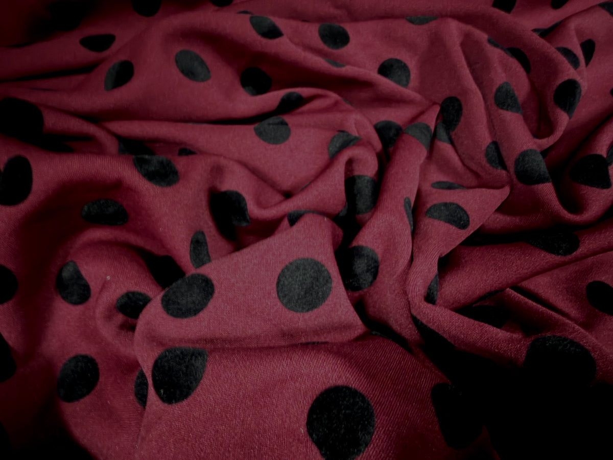 Stretch double jersey fabric, per metre - flocked polka dot - burgundy & black