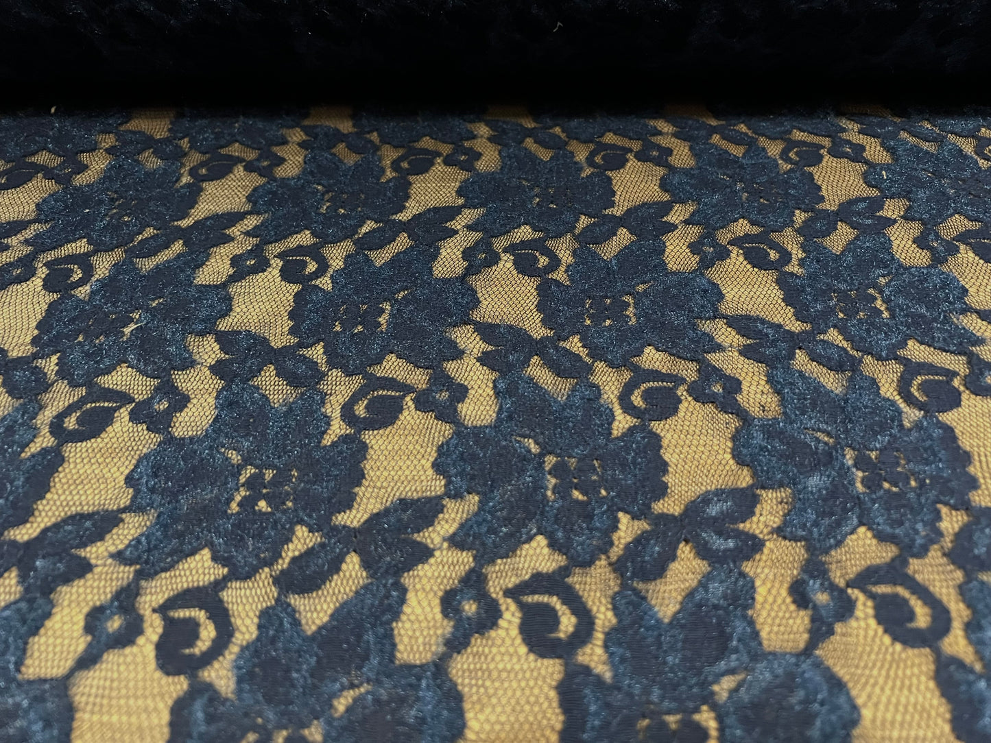 Lace dress fabric, per metre  - floral rose design - navy blue