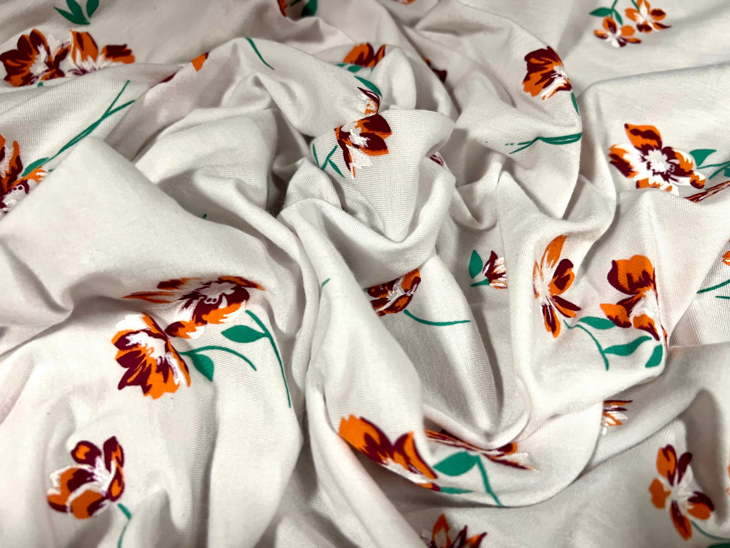 Soft handle single jersey fabric, per metre - flower print - pale grey & orange