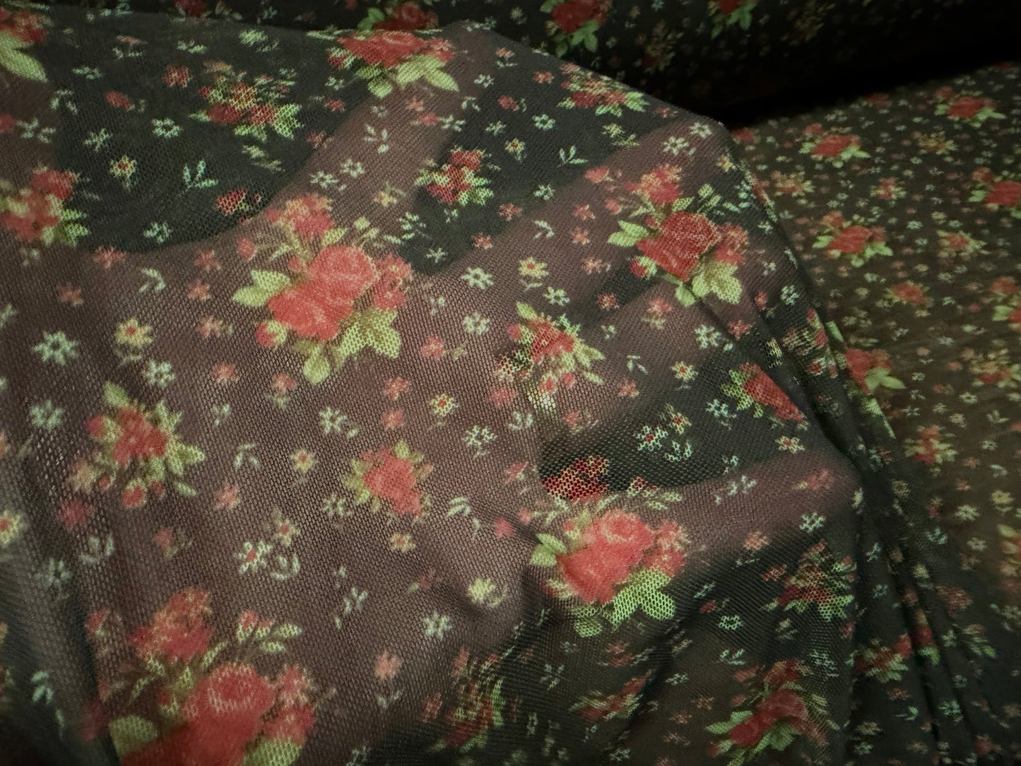 Power mesh net stretch spandex fabric, per metre - ditsy floral print - black green & red