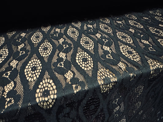 Cotton lace dress fabric, per metre - floral wave design - black