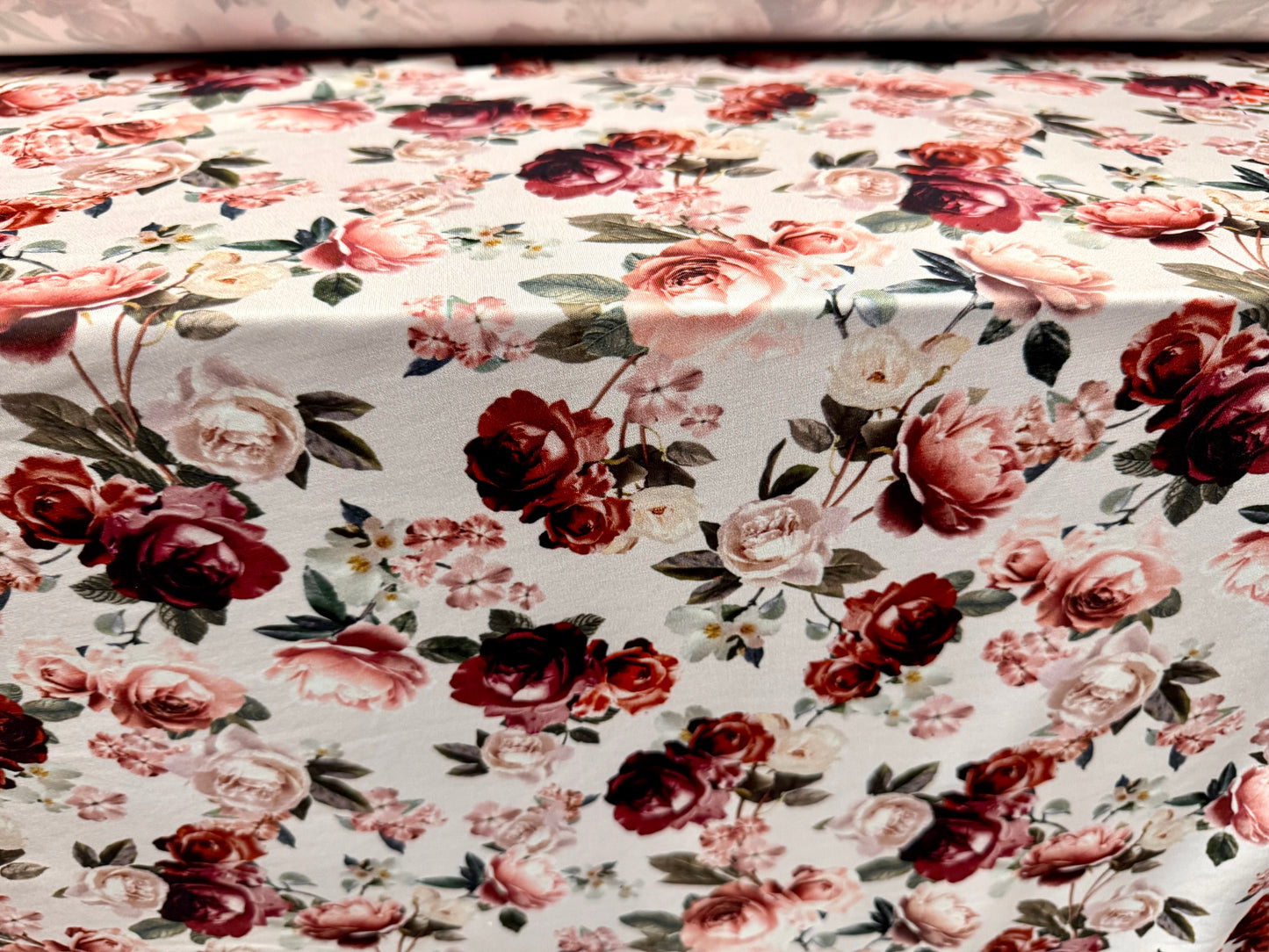 ITY stretch spandex single jersey fabric, per metre - floral roses print - blush & chestnut