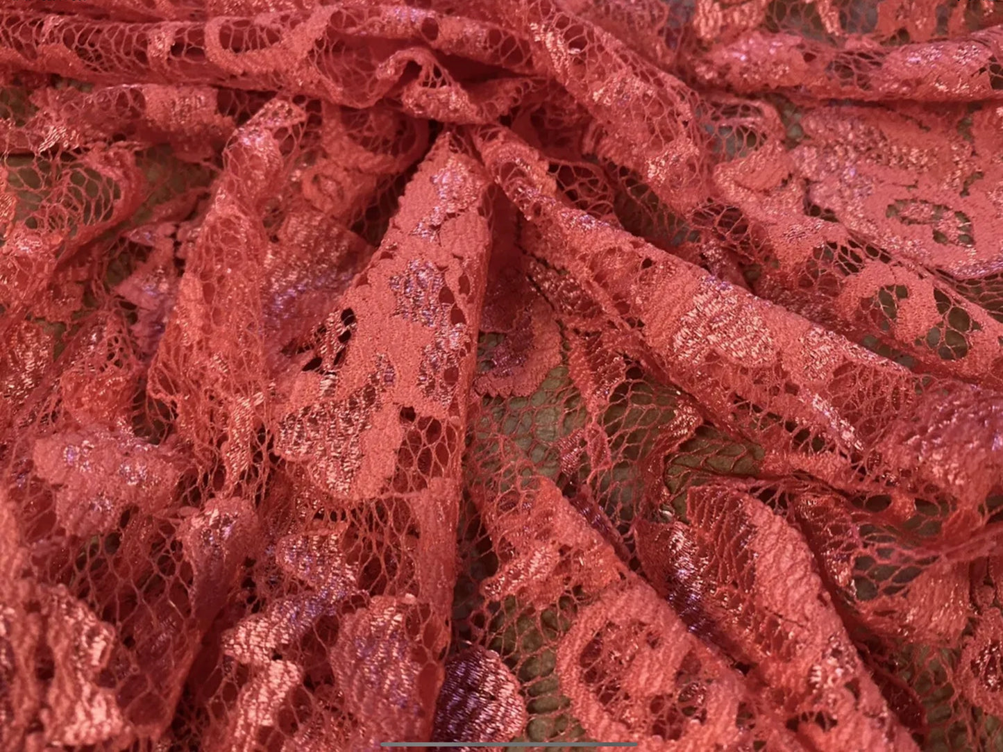 Stretch floral lace dress fabric, per metre - scalloped selvedge - coral