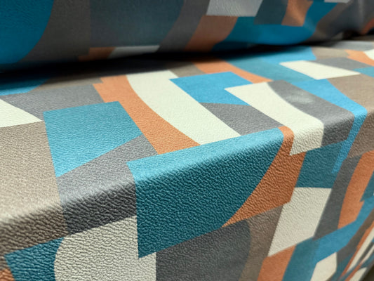 ‘Liverpool’ textured scuba stretch spandex jersey fabric, per metre - colour block print - aqua teal & terracotta