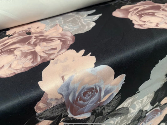 Scuba stretch spandex double jersey dress fabric, per metre - roses floral digital print - black pink & grey