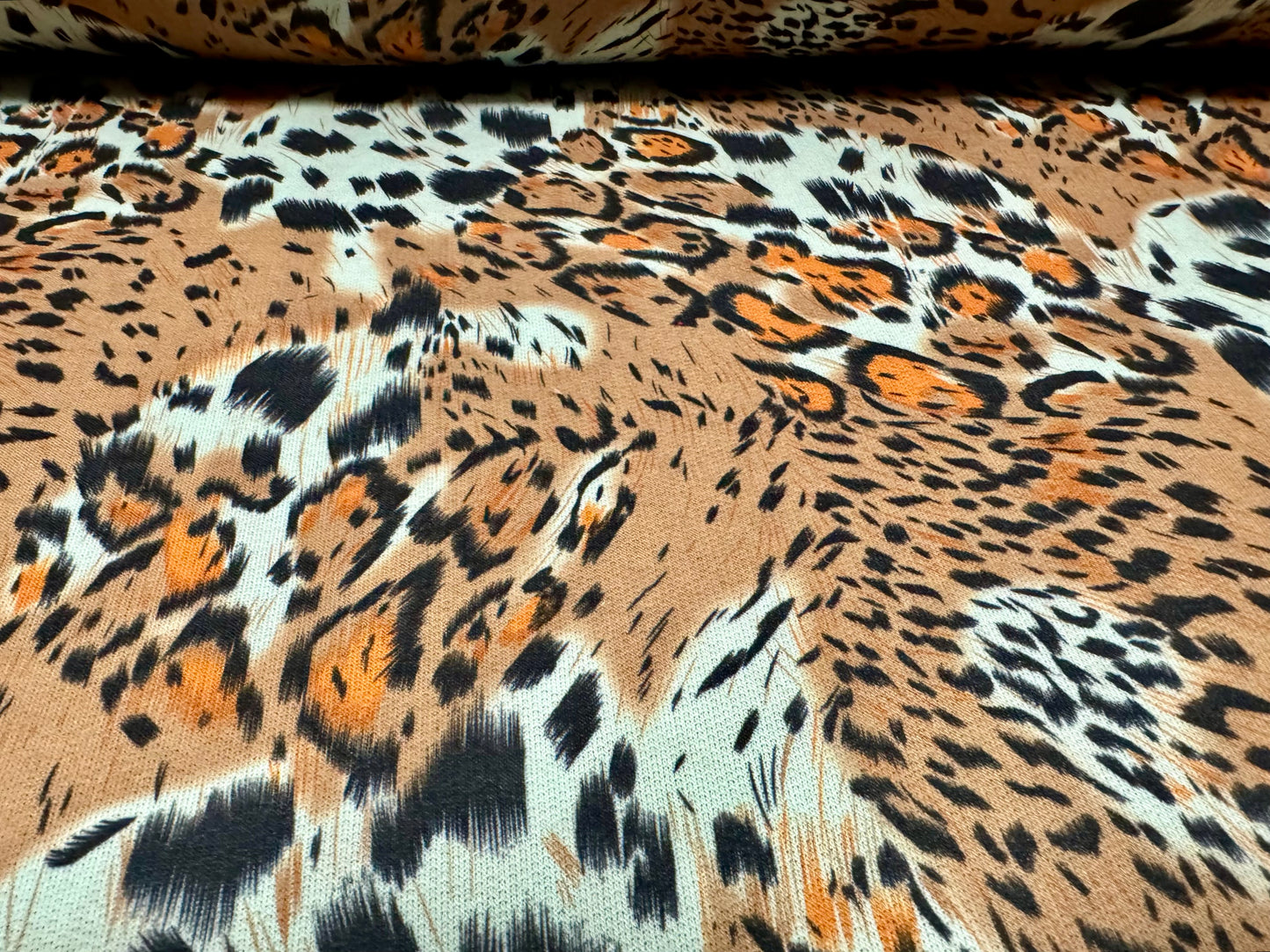 French Terry loopback sweatshirt jersey fabric, per metre - stylised tiger print - aqua & gold