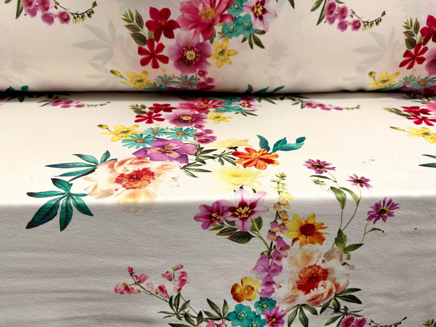 Scuba stretch spandex double jersey fabric, per metre - foxglove floral print - ivory & pink