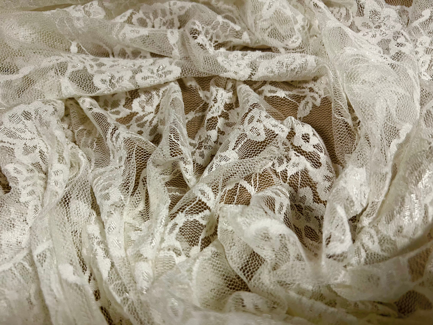 Stretch spandex mesh lace net fabric, per metre - floral - light cream