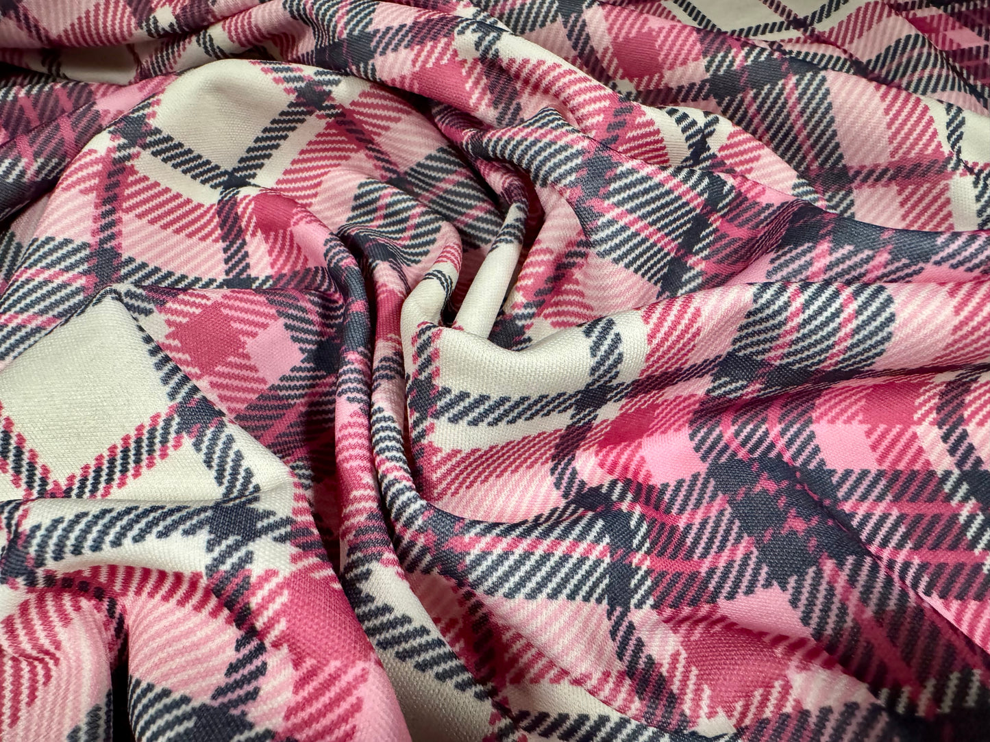 Double jersey upholstery fabric, per metre - tartan check print - pink & navy