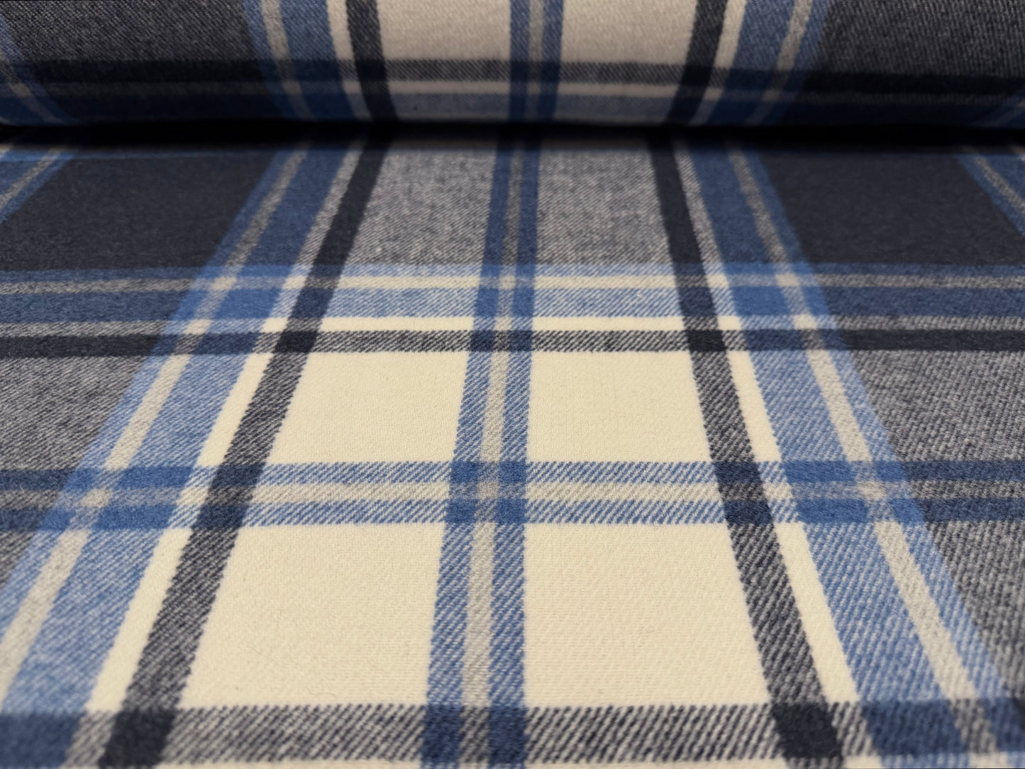 Heavyweight wool flannel fabric, per metre - plaid check - denim blue