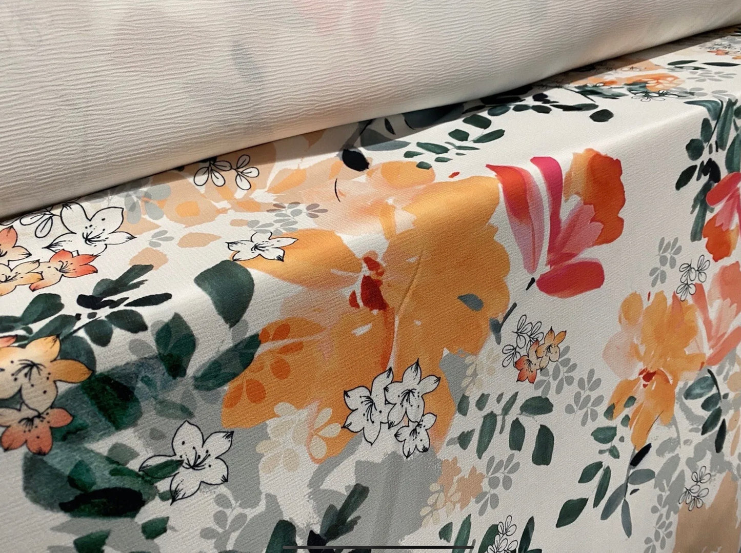 Stretch crepe woven dress fabric, per metre - floral print - white peach & grey