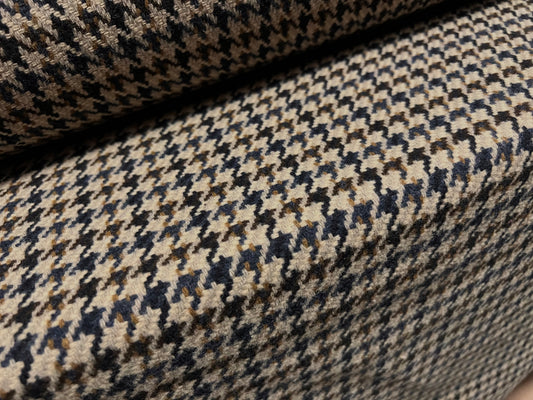 Wool blend coat jacket fabric, per metre - houndstooth jacquard - stone brown & blue